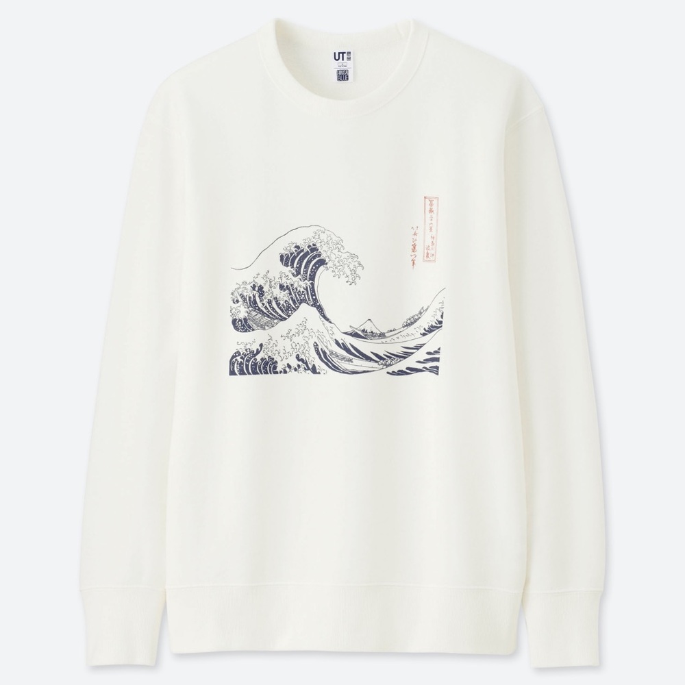 Uniqlo x Hokusai Blue Kanagawa Wave Graphic White Longsleeve Crewneck Sweatshirt